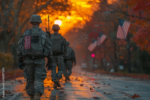 Soldiers walking in formation during sunset on a tree-lined street adorned with autumn leaves and American flags photo