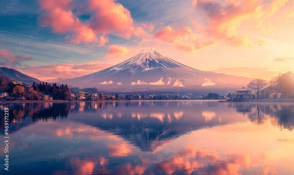 Photograph of Mount Fuji with its reflection in the lake at sunset, Japan. The mountain is covered in snow and surrounded by houses Photograph of Mount Fuji with its reflection in the lake at sunset, Japan. The mountain is covered in snow and surrounded by houses