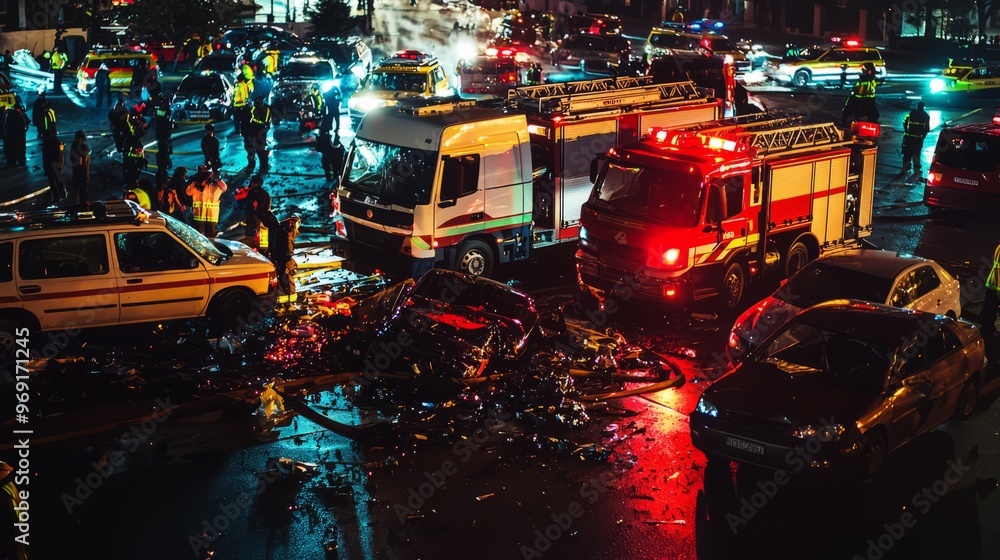 Car Accident Scene at Night with Firetruck and Emergency Personnel Car Accident Scene at Night with Firetruck and Emergency Personnel