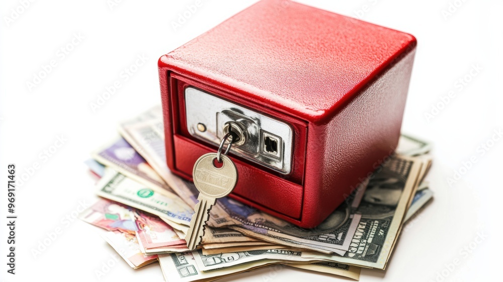 A red safe sits on top of currency neatly arranged on a white background A red safe sits on top of currency neatly arranged on a white background