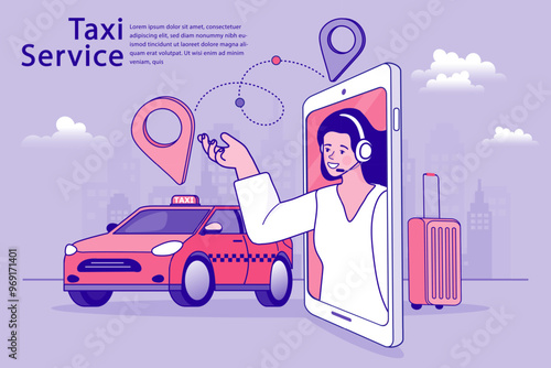 Taxi service with live customer support. A call center agent with a headset helps book a ride for a traveler via a mobile app. Concept for a dispatch operator, online booking, and concierge service.
