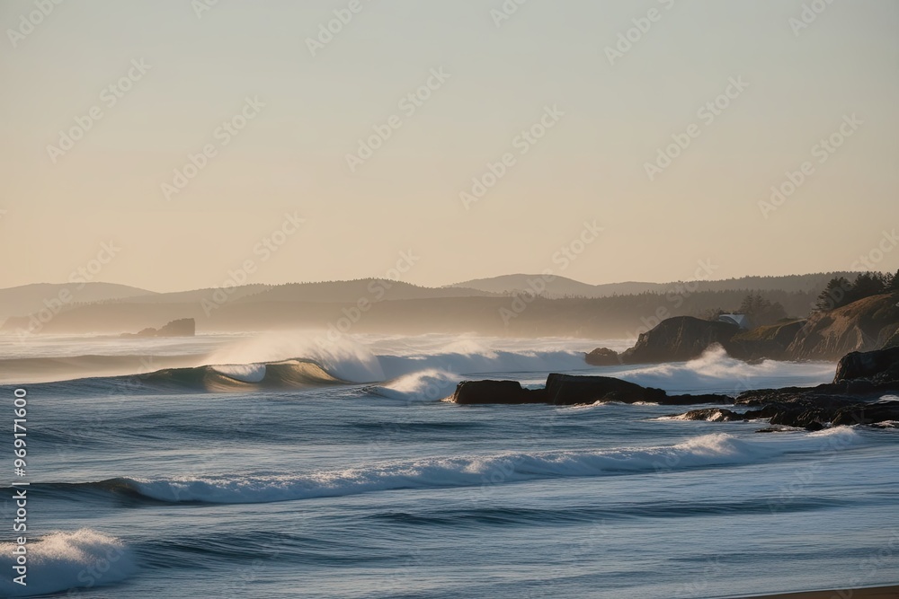 Tranquil Coastal Landscape with White-Capped Ocean Waves and Clear Sky Tranquil Coastal Landscape with White-Capped Ocean Waves and Clear Sky