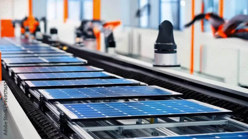 Close-up of robotic arms assembling solar panels in a factory. Close-up of robotic arms assembling solar panels in a factory.