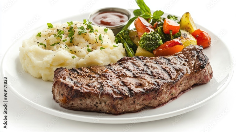 A sizzling steak with a side of garlic mashed potatoes and saut vegetables, elegantly arranged on a pristine white background. A sizzling steak with a side of garlic mashed potatoes and saut vegetables, elegantly arranged on a pristine white background.