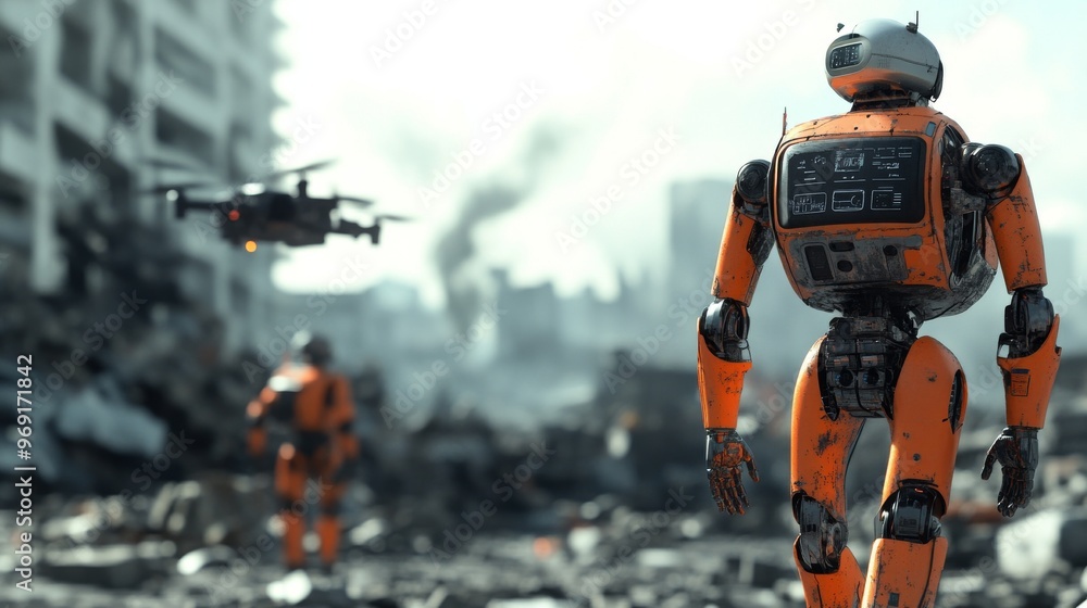 Futuristic AI-controlled robotic drones used for search and rescue missions in disaster zones: Drones equipped with AI searching for survivors and delivering supplies during emergencies. Futuristic AI-controlled robotic drones used for search and rescue missions in disaster zones: Drones equipped with AI searching for survivors and delivering supplies during emergencies.