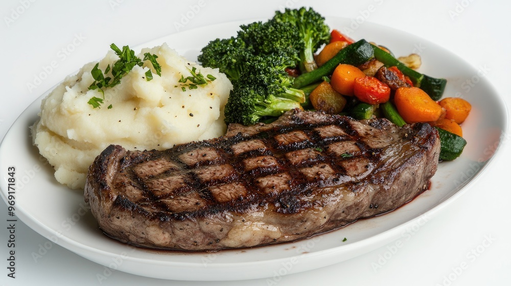 A sizzling steak with a side of garlic mashed potatoes and saut vegetables, elegantly arranged on a pristine white background. A sizzling steak with a side of garlic mashed potatoes and saut vegetables, elegantly arranged on a pristine white background.