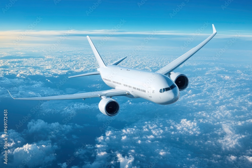 Fototapeta premium Airplane flying in the sky - travel background with flying airplane with blank livery with generative ai