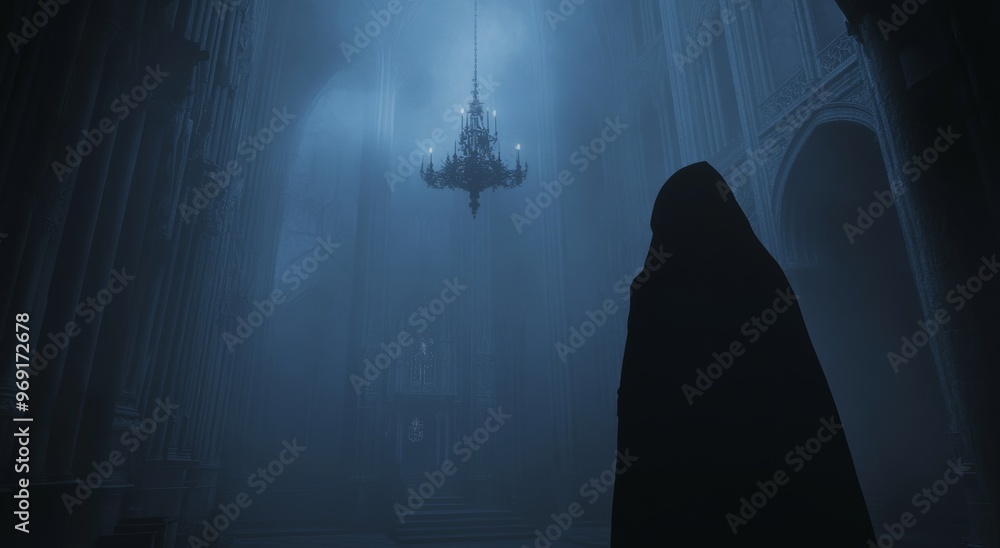 The black robed figure stands outside an imaginary cathedral The black robed figure stands outside an imaginary cathedral