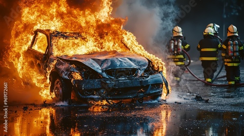 Burning Car with Firefighters in the Background