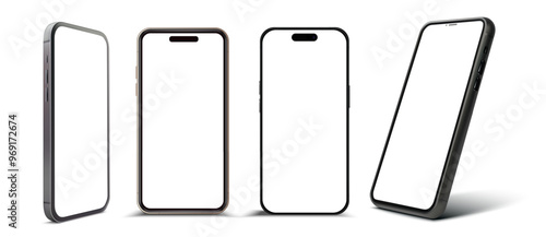 A set of modern smartphones with blank screens shown in various angles, representing concepts of mobile technology, digital communication, and app development. Ideal for tech, UI,UX design.