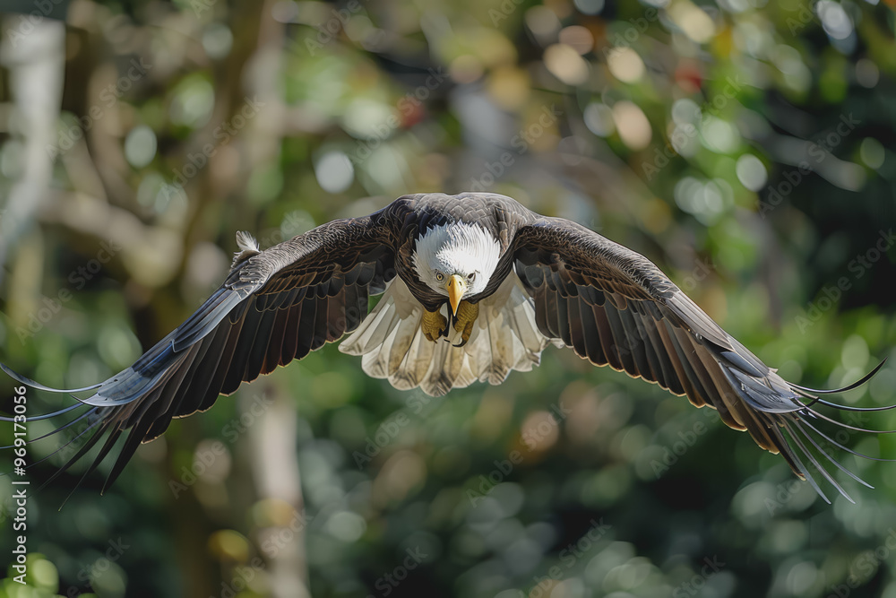 Obraz premium The big eagle flies to celebrate Independence Day. Blurred background.