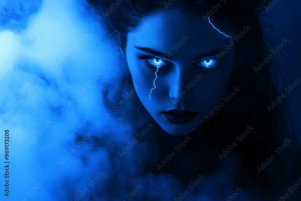 Fototapeta premium Symbolizing mysticism and ethereal beauty, a glowing woman in blue smoke symbolizes acetylcholine melatonin and cognitive function