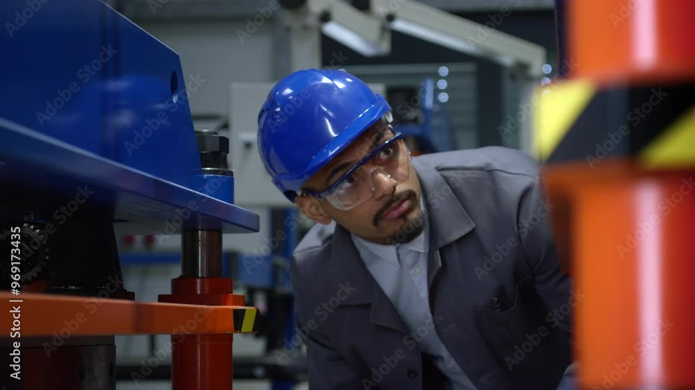 African American engineer with a blue helmet holding a tablet, doing factory working machine inspection, checking productivity and accuracy, close up shot. African American engineer with a blue helmet holding a tablet, doing factory working machine inspection, checking productivity and accuracy, close up shot.