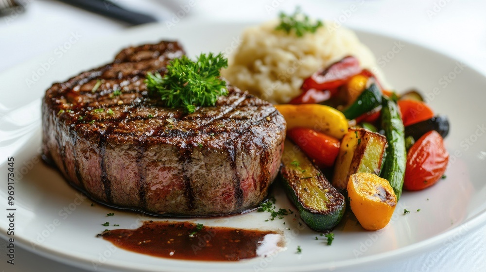 A steak cooked to perfection with a side of roasted vegetables, artistically arranged on a clean white plate, highlighting the dish vibrant colors. A steak cooked to perfection with a side of roasted vegetables, artistically arranged on a clean white plate, highlighting the dish vibrant colors.