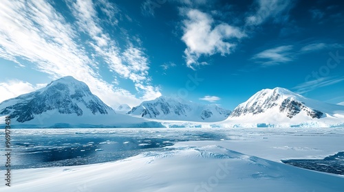 Stunning Antarctic Landscape with Snow-Capped Mountains and Frozen Sea 