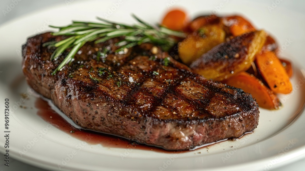 A steak cooked to perfection with a side of roasted vegetables, artistically arranged on a clean white plate, highlighting the dish vibrant colors. A steak cooked to perfection with a side of roasted vegetables, artistically arranged on a clean white plate, highlighting the dish vibrant colors.