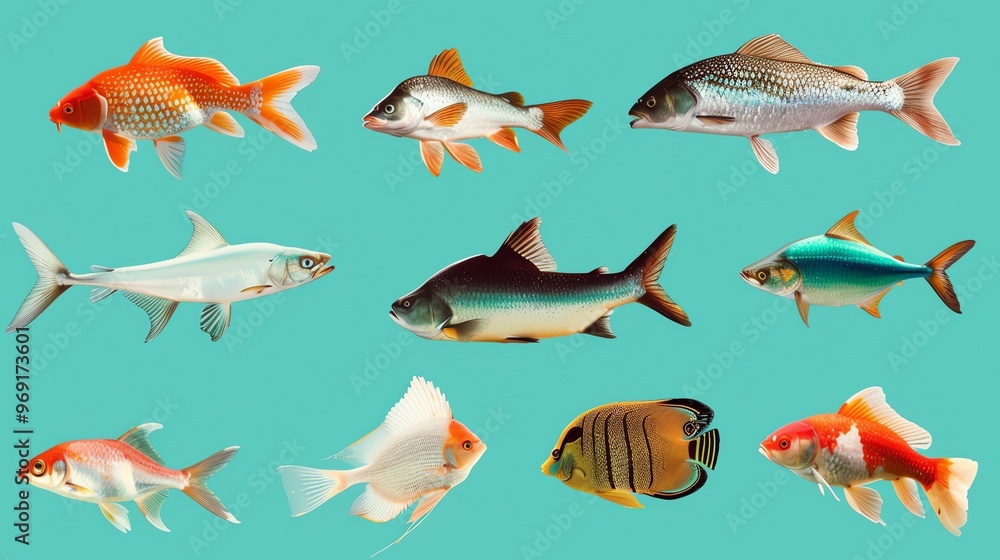 An illustration of a variety of colorful fish. An illustration of a variety of colorful fish.