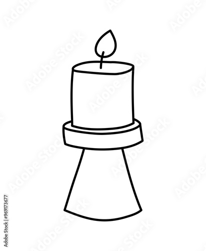 Wax vector line decoration aesthetics candle. Hand drawn colored illustration. Delicate romantic element of decor. Outline cozy glowing burning candle wick. christmas, wedding, birthday, valentine day