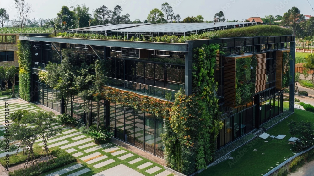 Fototapeta premium Sustainable industrial complex with living green walls and solar panel roof