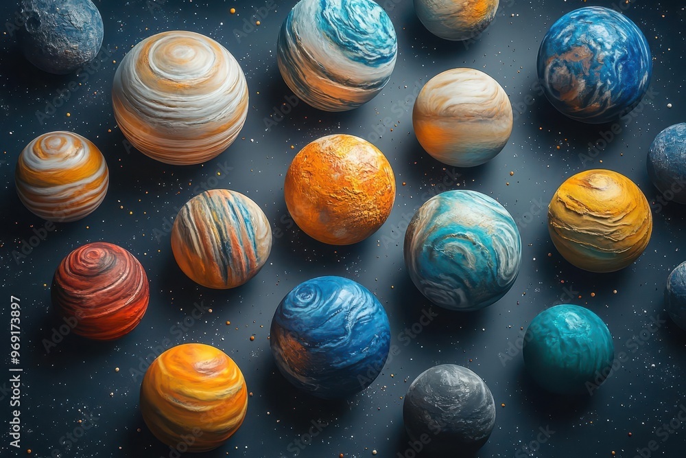 Obraz premium diverse set of realistic planets floating in cosmic void showcasing unique textures and atmospheric details of gas giants rocky worlds and ringed celestial bodies