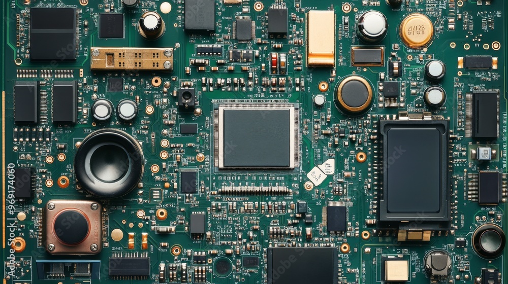 Fototapeta premium Intricate details of circuit board showcase electronic components and their connectivity features