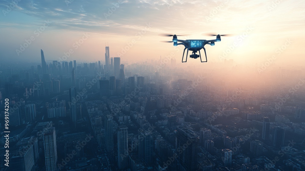Futuristic AI-controlled security drones patrolling smart cities: Drones scanning for threats and maintaining order in a high-tech city. Futuristic AI-controlled security drones patrolling smart cities: Drones scanning for threats and maintaining order in a high-tech city.