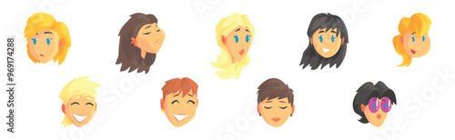 People Character Avatar and Head with Different Face and Hairstyle Vector Set
