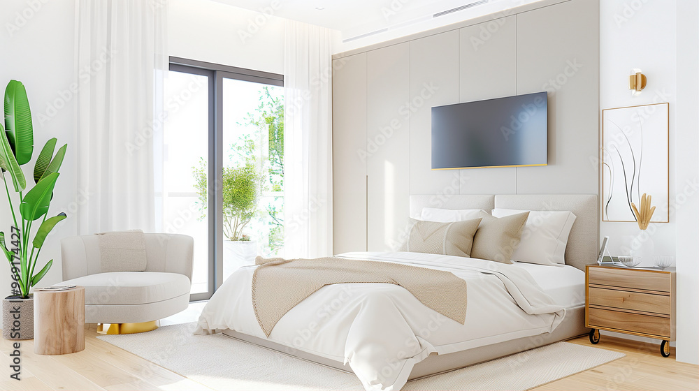 Fototapeta premium Modern bedroom interior with cozy atmosphere and stylish design featuring natural light
