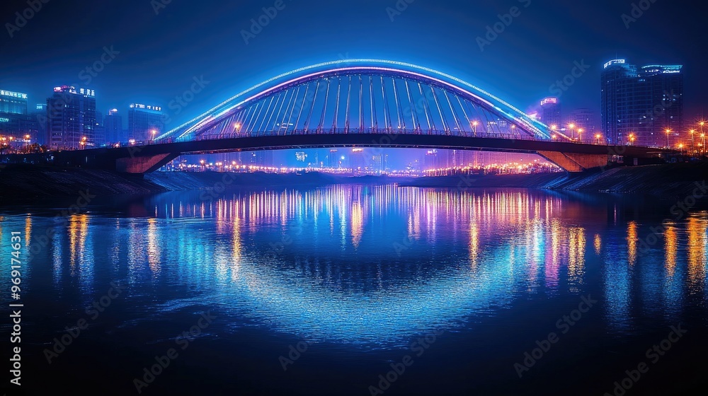 Obraz premium A stunning night view of a well-lit bridge arching over a river, with reflections shimmering on the water and city lights creating a vibrant scene.