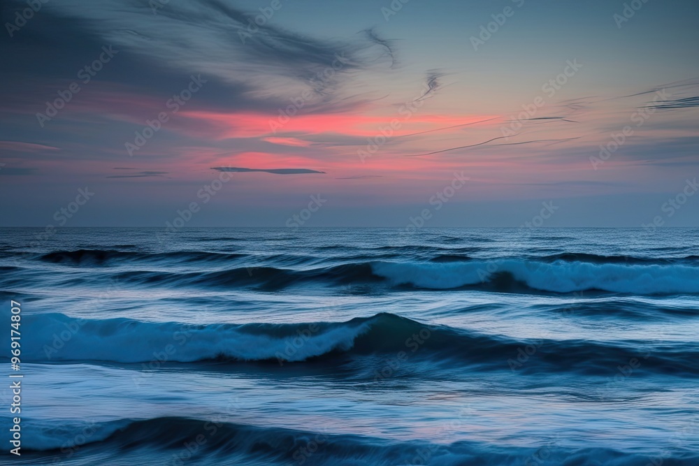Serene Coastal Hues at Dusk Above Ocean Waves on a Pure White Background Serene Coastal Hues at Dusk Above Ocean Waves on a Pure White Background