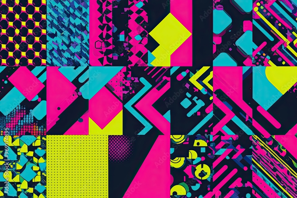 Naklejka premium Vibrant Graphic Design Collage Featuring Dynamic Patterns and Fluorescent Colors