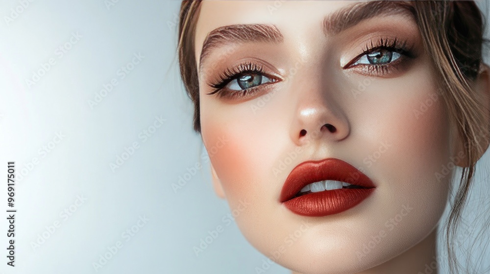 Fototapeta premium A stylish shot of a woman with a glamorous makeup look, featuring dramatic eyes and a bold lip color, posed against a clean, minimalist backdrop.