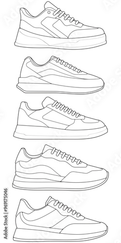 set of outline Cool Sneakers. Shoes sneaker outline drawing vector, Sneakers drawn in a sketch style, sneaker trainers template outline, Set Collection. vector Illustration.