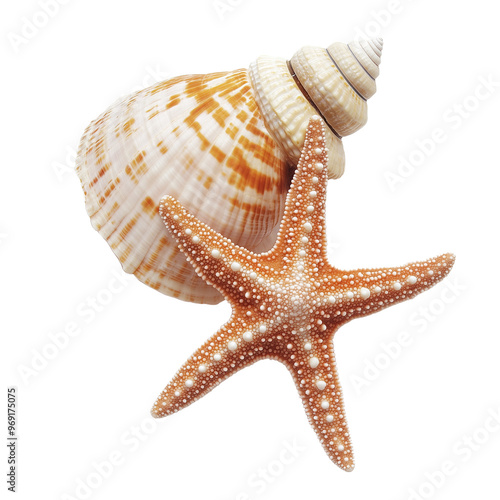 Starfish and Seashells Isolated on White Background
