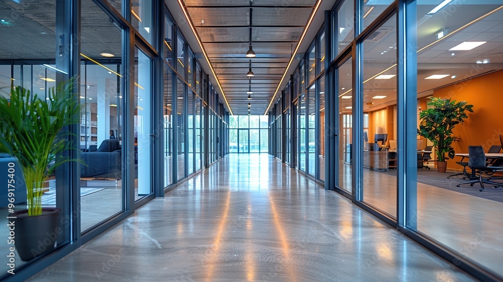 Naklejka premium Modern office corridor with glass walls and open workspaces on both sides, featuring contemporary design elements, polished floors, and natural lighting