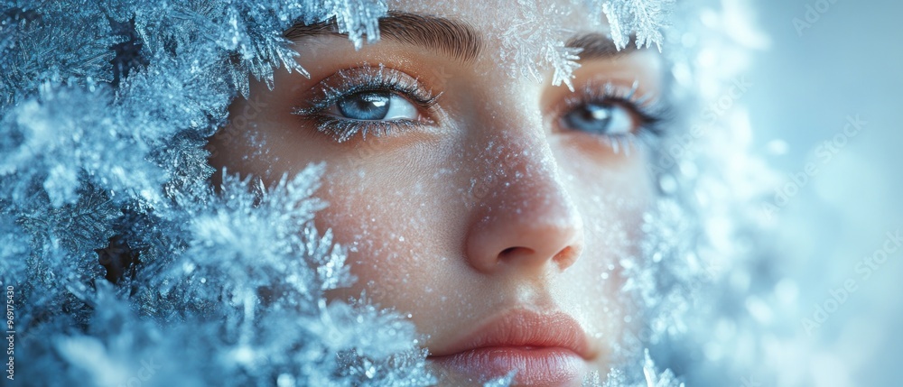 Close-up of a Woman's Face Covered in Ice Crystals Close-up of a Woman's Face Covered in Ice Crystals