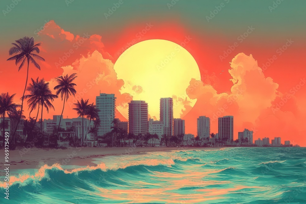 Obraz premium dreamy miami beach scene in soft pastel hues palm trees art deco buildings and gentle waves blend in a hazy retroinspired illustration with a nostalgic summer vibe
