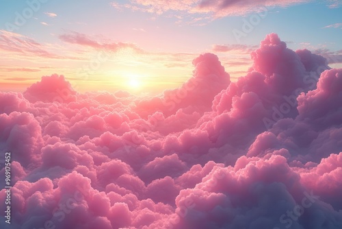 dreamy aerial view of a surreal pink cloud landscape at sunset with soft cotton candy hues and ethereal light creating a fantastical barbieinspired dreamworld photo