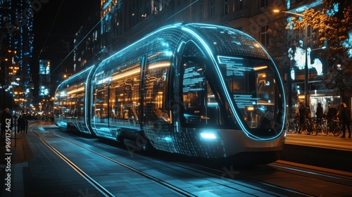 Futuristic AI-controlled smart cities with energy-efficient transportation systems: AI platforms managing buses, trains, and bike-sharing programs to reduce energy use. #969175462