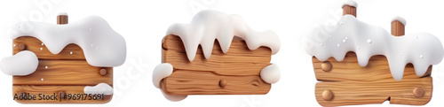 3D vector illustrations of wooden signs covered in snow, perfect for winter or holiday-themed designs