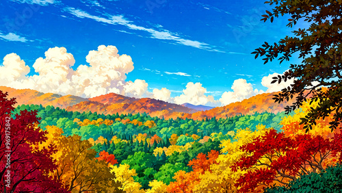 青い空と白い雲と紅葉の森と山