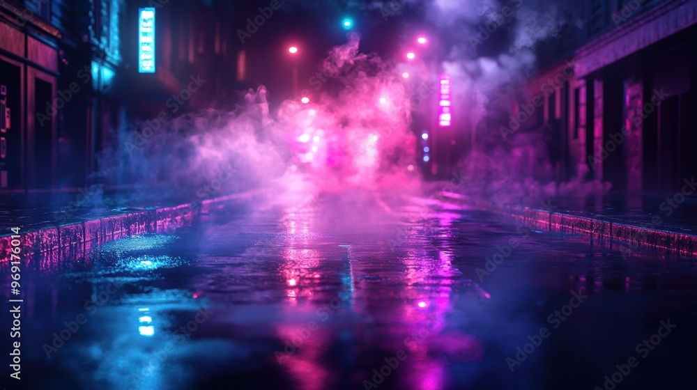 Fototapeta premium Neon Lit City Street with Dramatic Rainy Night Reflections