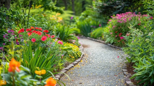 Fototapeta Naklejka Na Ścianę i Meble -  Colorful garden path with blooming flowers and lush greenery in a serene park