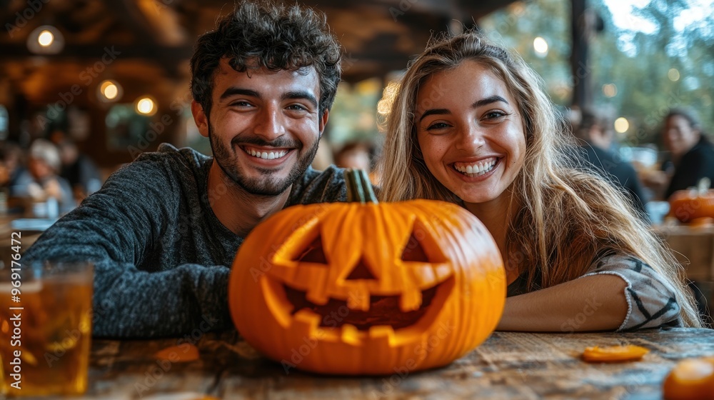 A smiling man and woman enjoying a festive Halloween atmosphere with a carved pumpkin centerpiece on a rustic wooden table A smiling man and woman enjoying a festive Halloween atmosphere with a carved pumpkin centerpiece on a rustic wooden table