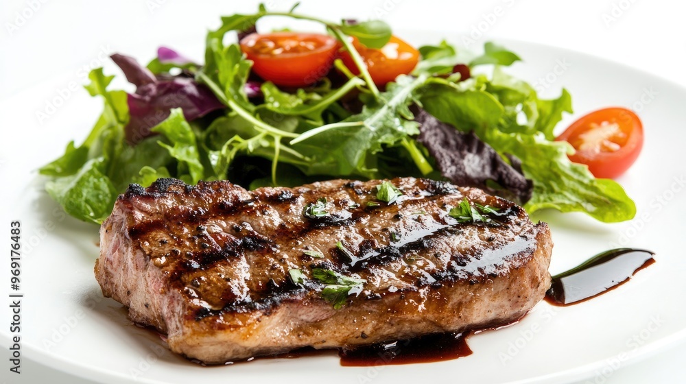 A tender, juicy steak with a side of fresh green salad and a drizzle of balsamic vinaigrette, presented against a stark white background. A tender, juicy steak with a side of fresh green salad and a drizzle of balsamic vinaigrette, presented against a stark white background.