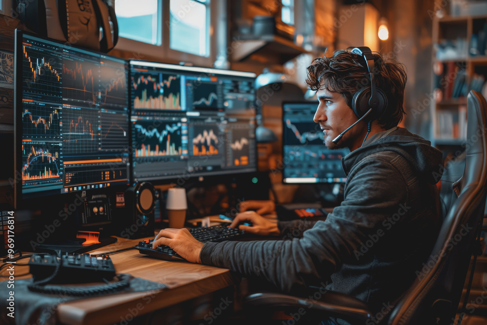 A financial analyst working on a computer with real-time stocks and exchange market charts. A financial analyst working on a computer with real-time stocks and exchange market charts.
