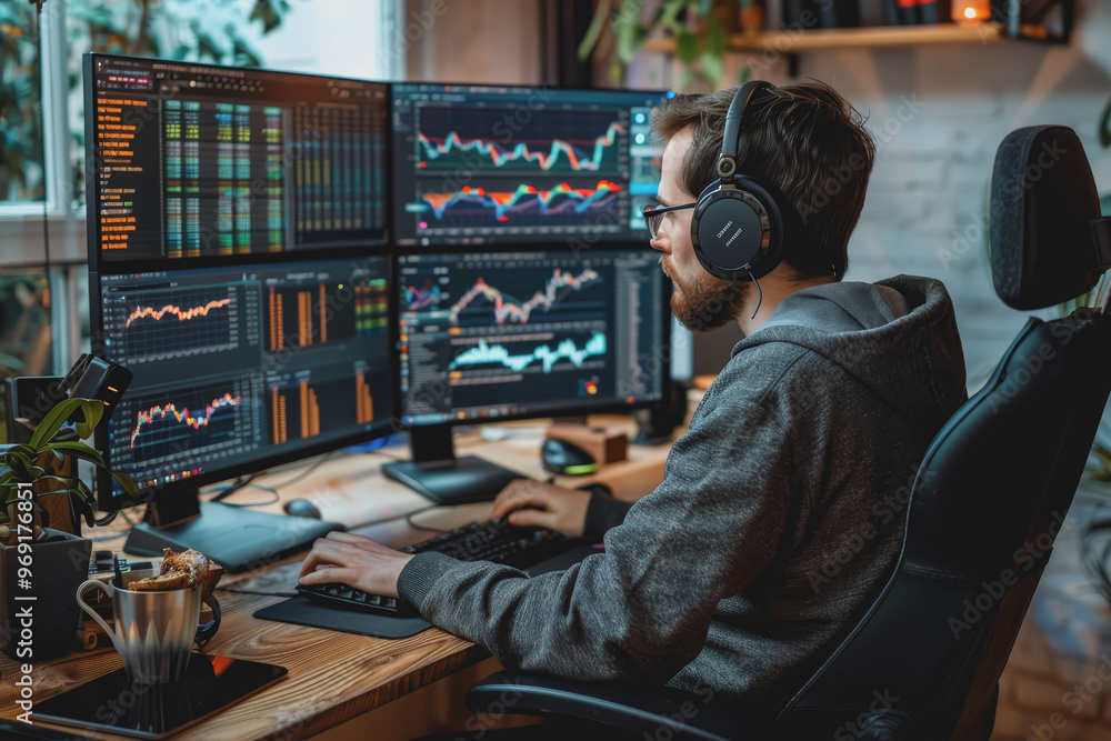 A financial analyst working on a computer with real-time stocks and exchange market charts. A financial analyst working on a computer with real-time stocks and exchange market charts.