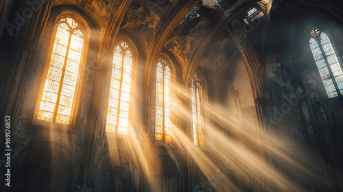 Dramatic Tyndall effect with sunlight piercing through the windows of an old cathedral, casting beams of light across the dusty interior, highlighting its ancient and mysterious atmosphere.