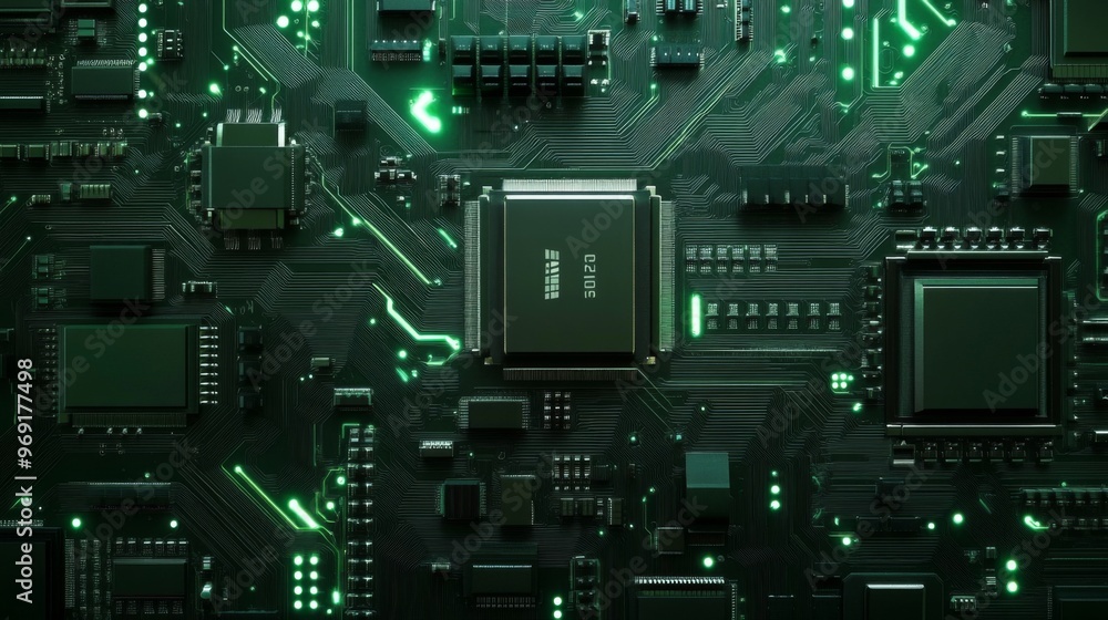 A hightech close up of a vibrant green circuit board, highlighting chips and intricate connections A hightech close up of a vibrant green circuit board, highlighting chips and intricate connections