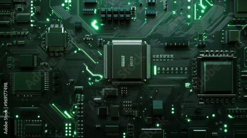 A hightech close up of a vibrant green circuit board, highlighting chips and intricate connections